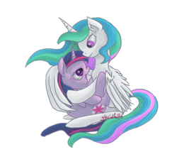 Size: 900x832 | Tagged: safe, artist:glacialfalls, princess celestia, twilight sparkle, alicorn, pony, eye contact, hug, missing accessory, open mouth, simple background, smiling, transparent background, winghug