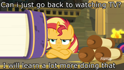 Size: 1366x768 | Tagged: safe, edit, edited screencap, screencap, sunset shimmer, pony, unicorn, better together, equestria girls, forgotten friendship, book, bored, crossed hooves, fireplace, image macro, meme, scroll, solo, sunset shimmer is not amused, unamused