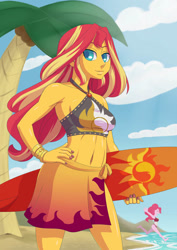 Size: 845x1195 | Tagged: safe, artist:robbiecave, pinkie pie, sunset shimmer, better together, equestria girls, forgotten friendship, beach, belly button, clothes, cloud, colored pupils, eyes closed, female, looking at you, midriff, nail polish, ocean, open mouth, palm tree, running, sand, smiling, solo focus, surfboard, tree