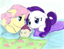 Size: 500x387 | Tagged: safe, artist:osakahatsunemikuo, butterscotch, fluttershy, rarity, pegasus, pony, unicorn, blanket, female, flarity, male, offspring, parent:butterscotch, parent:fluttershy, parent:rarity, parents:flarity, parents:rariscotch, rariscotch, rule 63, shipping, straight