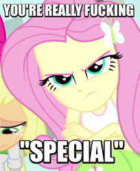 Size: 289x354 | Tagged: safe, screencap, fluttershy, a case for the bass, equestria girls, rainbow rocks, angry, badass, flutterbadass, image macro, meme, vulgar