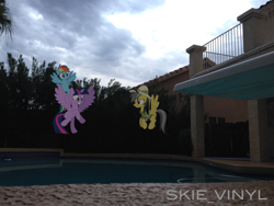 Size: 3264x2448 | Tagged: safe, artist:skie-vinyl, derpibooru import, daring do, rainbow dash, twilight sparkle, twilight sparkle (alicorn), alicorn, pony, building, female, floating, flying, irl, mare, photo, ponies in real life, swimming pool, vector