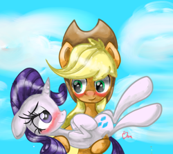 Size: 1646x1469 | Tagged: safe, artist:applemarshmallows, applejack, rarity, earth pony, pony, unicorn, blushing, bridal carry, carrying, female, lesbian, rarijack, shipping