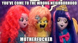 Size: 640x351 | Tagged: safe, derpibooru import, edit, fluttershy, pinkie pie, twilight sparkle, equestria girls, abomination, derp, flutterrage, image macro, peruvian nightmare squad, vulgar