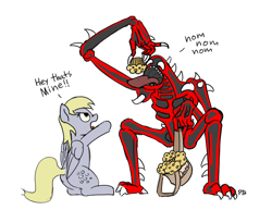 Size: 1280x988 | Tagged: safe, artist:pabbley, derpy hooves, pegasus, pony, carnage, crossover, dialogue, eating, female, food, mare, muffin, spider-man