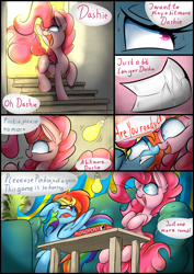 Size: 1700x2400 | Tagged: safe, artist:madacon, derpibooru import, pinkie pie, rainbow dash, earth pony, pegasus, pony, fanfic:cupcakes, bait and switch, board game, comic, ear fluff, fangs, monopoly, mood whiplash, shrunken pupils, sofa, stairs, table