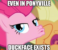 Size: 480x413 | Tagged: safe, screencap, applejack, pinkie pie, earth pony, pony, pinkie apple pie, duckface, selfie, silly