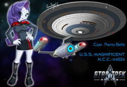 Size: 1081x739 | Tagged: safe, artist:captricosakara, rarity, equestria girls, ambassador class, boots, captain, clothes, commission, crossover, humanized, lipstick, science fiction, skirt, space, spaceship, star trek, star trek online, starfleet, uniform