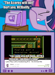 Size: 563x771 | Tagged: safe, derpibooru import, twilight sparkle, exploitable meme, facehoof, guardian acorn, hcbailly, let's play, meme, obligatory pony, the legend of zelda, the legend of zelda: link's awakening, tv meme, youtube