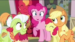 Size: 1920x1080 | Tagged: safe, edit, screencap, apple bloom, applejack, big macintosh, granny smith, pinkie pie, earth pony, pony, pinkie apple pie, happy, male, stallion