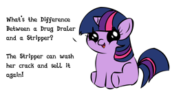 Size: 1194x668 | Tagged: safe, derpibooru import, twilight sparkle, pony, unicorn, dialogue, female, filly, filly twilight sparkle, filly twilight telling an offensive joke, horn, looking at you, meme, multicolored mane, multicolored tail, obligatory pony, purple coat, simple background, sitting, smiling, solo, talking to viewer, text, underhoof, vulgar, white background, younger