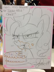 Size: 852x1136 | Tagged: safe, artist:andypriceart, pinkie pie, angry, cake, eating, food, frown, glare, irl, looking at you, messy, messy eating, open mouth, solo, sugar free, sugar-free, traditional art, unamused