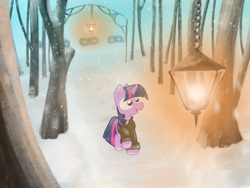 Size: 2048x1536 | Tagged: safe, artist:fuzzyfox11, derpibooru import, twilight sparkle, clothes, light, snow, snowfall, solo, winter