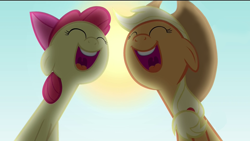 Size: 1920x1080 | Tagged: safe, edit, screencap, apple bloom, applejack, earth pony, pony, pinkie apple pie, apple sisters, apples to the core, duo, eyes closed, female, filly, foal, mare, open mouth, singing