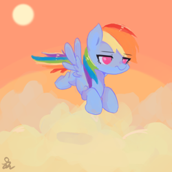 Size: 2000x2000 | Tagged: safe, artist:yunyeyoung, derpibooru import, rainbow dash, pegasus, pony, cloud, female, flying, mare, sky, solo, spread wings, unamused, wings