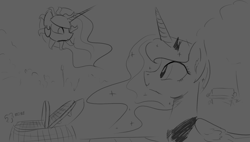 Size: 1400x794 | Tagged: safe, artist:darkflame75, princess celestia, princess luna, alicorn, pony, lunadoodle, monochrome, picnic, sun