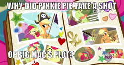 Size: 1498x788 | Tagged: safe, edit, edited screencap, screencap, apple bloom, applejack, big macintosh, granny smith, pinkie pie, earth pony, pony, pinkie apple pie, butt, caption, female, filly, male, mare, plot, scrapbook, stallion