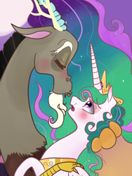 Size: 600x800 | Tagged: safe, artist:tenderlumpkins, discord, princess celestia, alicorn, pony, dislestia, female, kissing, male, shipping, straight