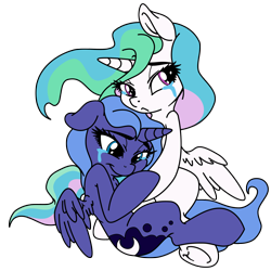 Size: 2500x2500 | Tagged: safe, artist:dfectivedvice, artist:pananovich, princess celestia, princess luna, alicorn, pony, cewestia, crying, filly, sad, simple background, transparent background, underhoof, woona, younger