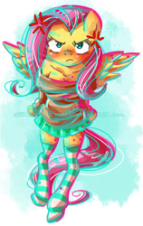 Size: 256x404 | Tagged: safe, artist:kikaru-studios, fluttershy, anthro, angry, clothes, socks, solo, striped socks