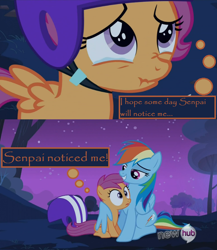 Size: 766x884 | Tagged: safe, derpibooru import, screencap, rainbow dash, scootaloo, pegasus, pony, sleepless in ponyville, screencap comic, senpai, senpai noticed me