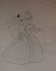 Size: 1227x1556 | Tagged: safe, artist:johnjoseco, artist:kay-chi, princess celestia, princess luna, human, clothes, dancing, dress, gown, humanized, monochrome, moon, night, photo, redraw, sisters, stars, traditional art