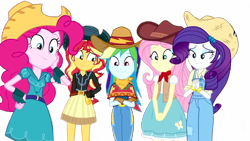 Size: 1280x720 | Tagged: safe, derpibooru import, edit, edited screencap, editor:lonely fanboy48, screencap, fluttershy, pinkie pie, rainbow dash, rarity, sunset shimmer, better together, equestria girls, five to nine, background removed, clothes, cowgirl, cute, happy, simple background, transparent background