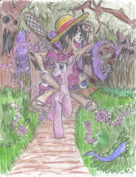 Size: 1262x1644 | Tagged: safe, artist:semijuggalo, pinkie pie, zecora, earth pony, pony, zebra, crossover, everfree forest, humans riding ponies, monkey d luffy, one piece, traditional art