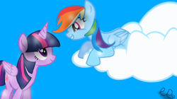 Size: 600x336 | Tagged: safe, artist:twilightsparkleshow, derpibooru import, rainbow dash, twilight sparkle, twilight sparkle (alicorn), alicorn, pegasus, pony, cloud, female, lesbian, shipping, twidash