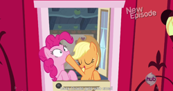 Size: 1152x608 | Tagged: safe, screencap, applejack, pinkie pie, earth pony, pony, pinkie apple pie, meme, youtube caption