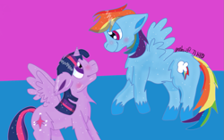 Size: 1587x997 | Tagged: safe, artist:newbuildabearart, derpibooru import, rainbow dash, twilight sparkle, twilight sparkle (alicorn), alicorn, pegasus, pony, female, lesbian, shipping, twidash