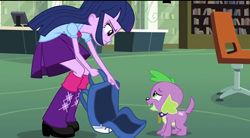 Size: 636x352 | Tagged: safe, derpibooru import, screencap, spike, twilight sparkle, dog, equestria girls, backpack, spike the dog