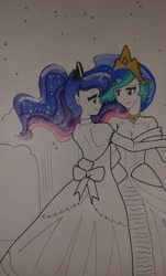 Size: 1440x2390 | Tagged: safe, artist:johnjoseco, artist:kay-chi, princess celestia, princess luna, human, colored, dancing, humanized, night, redraw, sisters, stars, traditional art