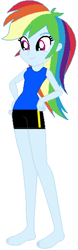 Size: 1913x6112 | Tagged: safe, artist:jawsandgumballfan24, derpibooru import, rainbow dash, equestria girls, barefoot, clothes, feet, female, happy, shorts, smiling, solo, tanktop