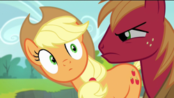 Size: 1920x1080 | Tagged: safe, edit, screencap, applejack, big macintosh, earth pony, pony, pinkie apple pie, angry, male, stallion