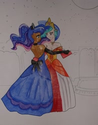 Size: 1387x1782 | Tagged: safe, artist:johnjoseco, artist:kay-chi, princess celestia, princess luna, human, colored, dancing, dark skin, humanized, night, photo, redraw, sisters, stars, traditional art