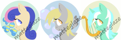 Size: 647x216 | Tagged: safe, artist:matteglaze, bon bon, derpy hooves, lyra heartstrings, sweetie drops, pegasus, pony, button, cutie mark, female, looking back, mare, pin, smiling, watermark