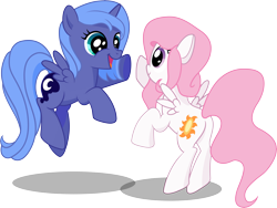 Size: 15000x11250 | Tagged: safe, artist:strawberrythefox1452, princess celestia, princess luna, alicorn, pony, absurd resolution, cewestia, cute, filly, happy, hoofbump, simple background, transparent background, woona