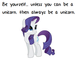 Size: 402x324 | Tagged: safe, rarity, pony, unicorn, caption, elle lothlorien, female, looking up, mare, quote, silly, simple background, smiling, solo, standing, text, unicorn master race