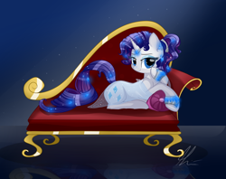 Size: 1024x813 | Tagged: dead source, safe, artist:lolepopenon, rarity, pony, unicorn, alternate hairstyle, clothes, fainting couch, gem, looking at you, see-through, solo