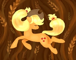 Size: 648x512 | Tagged: safe, artist:retaya, applejack, earth pony, pony, eyes closed, jumping, looking back, solo