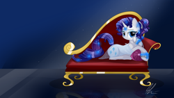 Size: 2560x1440 | Tagged: safe, artist:lolepopenon, rarity, pony, unicorn, alternate hairstyle, fainting couch, gem, solo, wallpaper