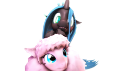 Size: 2560x1440 | Tagged: safe, artist:pesty_skillengton, queen chrysalis, oc, oc:fluffle puff, changeling, changeling queen, pony, 3d, blushing, canon x oc, chrysipuff, cute, cutealis, female, flufflebetes, hug, lesbian, looking at each other, love, princess chrysalis, shipping, source filmmaker