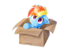 Size: 1707x1280 | Tagged: safe, artist:kaliner123, derpibooru import, rainbow dash, pegasus, pony, fanfic:my little dashie, box, cute, dashabetes, female, filly, filly rainbow dash, floppy ears, pony in a box, simple background, solo, transparent background, younger