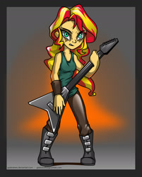 Size: 1448x1801 | Tagged: safe, artist:gabbslines, sunset shimmer, equestria girls, boots, clothes, flying v, frown, guitar, heavy metal, solo, tanktop