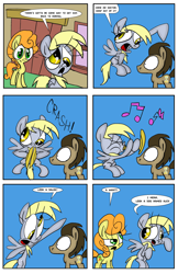 Size: 3290x5082 | Tagged: safe, artist:joeywaggoner, carrot top, derpy hooves, doctor whooves, golden harvest, earth pony, pegasus, pony, absurd resolution, comic, cymbals, dialogue, female, male, mare, musical instrument, speech bubble, stallion, trumpet, wide eyes