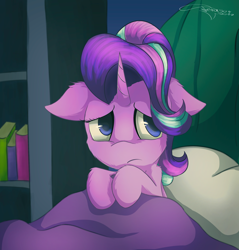 Size: 2200x2300 | Tagged: safe, artist:ferasor, starlight glimmer, pony, unicorn, rock solid friendship, bed, bedsheets, female, floppy ears, mare, pillow, sad, solo