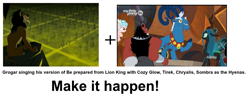 Size: 1570x624 | Tagged: safe, edit, edited screencap, screencap, cozy glow, grogar, lord tirek, queen chrysalis, changeling, changeling queen, pegasus, pony, the beginning of the end, be prepared, exploitable meme, female, filly, make it happen, meme, the lion king