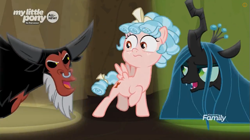 Size: 863x485 | Tagged: safe, screencap, cozy glow, lord tirek, queen chrysalis, centaur, changeling, changeling queen, pegasus, pony, frenemies (episode), all new, better way to be bad, discovery family logo, female, filly, foal, male, spotlight, text