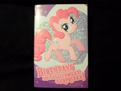 Size: 4608x3456 | Tagged: safe, pinkie pie, earth pony, pony, birthday card, female, mare, merchandise, pink coat, pink mane, solo